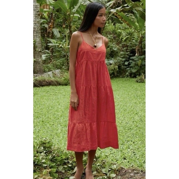 Johnny Was Dresses & Skirts - Johnny Was Calme Red coral 100% Linen‎ Ruffle Tiered mid sun Dress Size XL